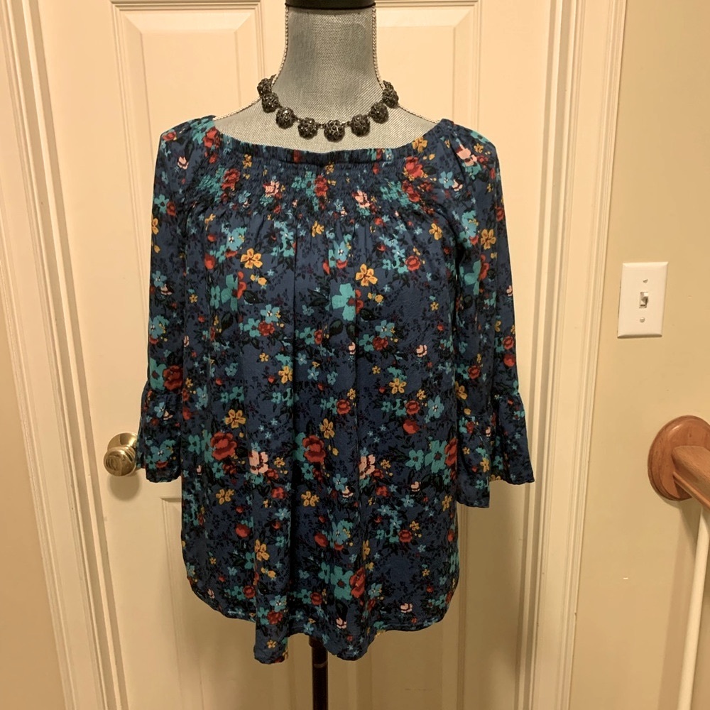 Floral blouse gathered neckline Bell ruffle sleeve By beachlunchlounge
